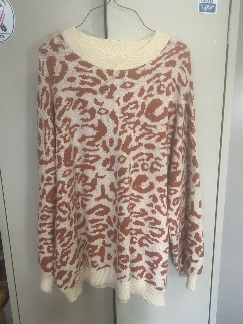 Main Strip Cream and Tan Leopard-Print Crewneck Sweater
